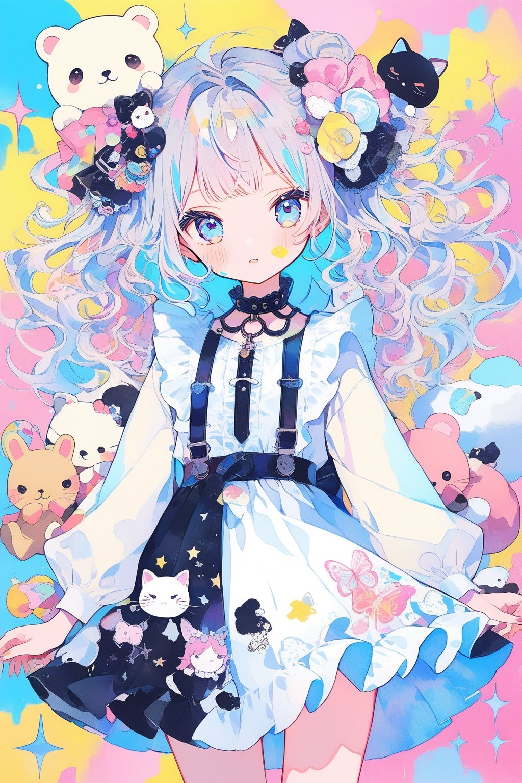  masterpiece, best quality, whimsical and colorful illustration featuring two charming Kawaii girls, donning adorable pastel outfits and cute accessories, striking playful poses as vibrant paint splatters and drips swirl around them, adding a touch of whimsy and dynamism to their cute anime-inspired characters, Illustration, mixed media (digital painting and traditional watercolor),multicolored hair, multicolored eyes, multicolored_dress, (multicolored_background:1.4), long hair,kawaii,deco , decora ,DECORA, Japanese aesthetic and fashion deco, ((((deco)))) decora, tokyo fashion... colorful clothing surrounded by other colorful objects on top ,dolls on head, stuffed Toys, collars, animals, stickers on face , on body, hair ornament, emo