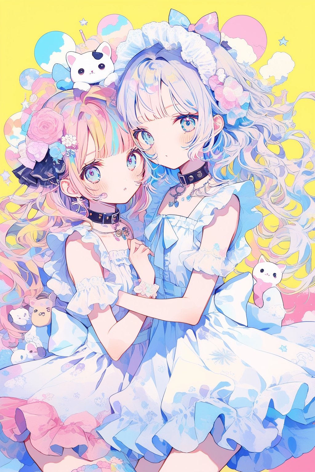  masterpiece, best quality, whimsical and colorful illustration featuring two charming Kawaii girls, donning adorable pastel outfits and cute accessories, striking playful poses as vibrant paint splatters and drips swirl around them, adding a touch of whimsy and dynamism to their cute anime-inspired characters, Illustration, mixed media (digital painting and traditional watercolor),multicolored hair, multicolored eyes, multicolored_dress, (multicolored_background:1.4), long hair,kawaii,deco , decora ,DECORA, Japanese aesthetic and fashion deco, ((((deco)))) decora, tokyo fashion... colorful clothing surrounded by other colorful objects on top ,dolls on head, stuffed Toys, collars, animals, stickers on face , on body, hair ornament, emo