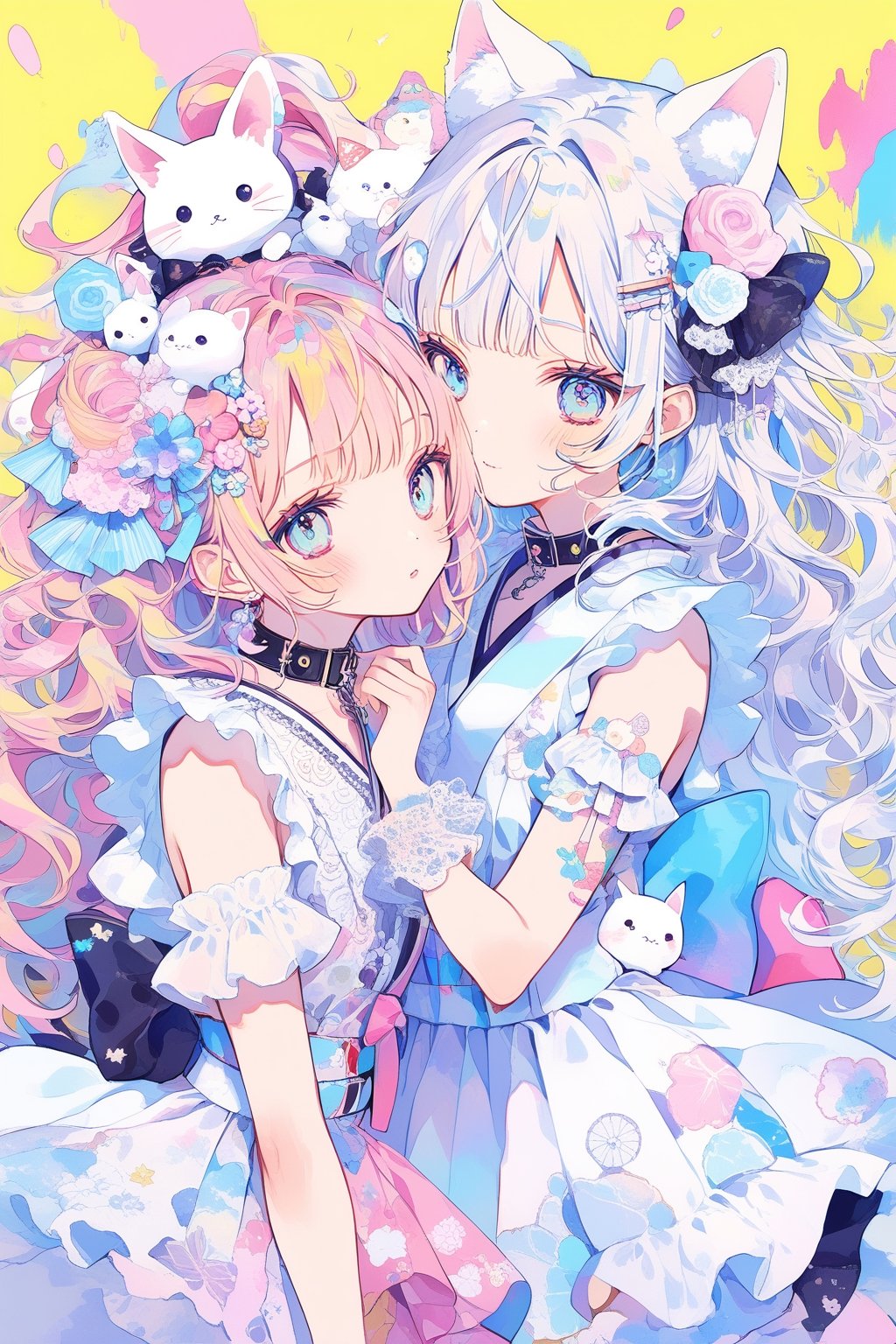  masterpiece, best quality, whimsical and colorful illustration featuring two charming Kawaii girls, donning adorable pastel outfits and cute accessories, striking playful poses as vibrant paint splatters and drips swirl around them, adding a touch of whimsy and dynamism to their cute anime-inspired characters, Illustration, mixed media (digital painting and traditional watercolor),multicolored hair, multicolored eyes, multicolored_dress, (multicolored_background:1.4), long hair,kawaii,deco , decora ,DECORA, Japanese aesthetic and fashion deco, ((((deco)))) decora, tokyo fashion... colorful clothing surrounded by other colorful objects on top ,dolls on head, stuffed Toys, collars, animals, stickers on face , on body, hair ornament, emo