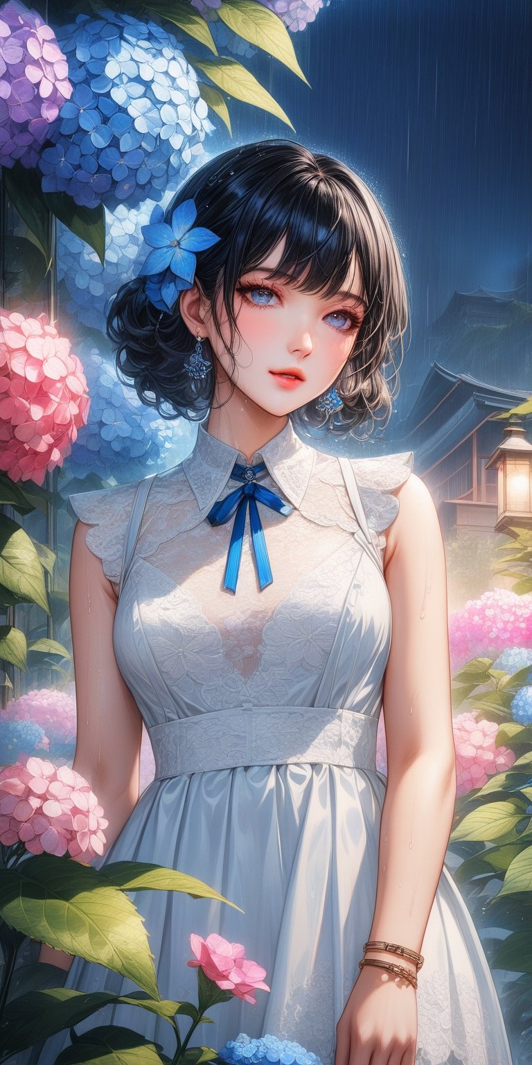 A stunning young woman dressed in modern-style attire, modernism, white lace dress, bracelets, (masterpiece, top quality, best quality, official art, beautiful and aesthetic:1.2), (japanese girl), black hair, wet, plants, pink flower, (hydrangea, blue flower),(rain:1.2), (lights reflection),outdoors, portrait, extreme detailed, (fractal art:1.3), highest detailed, depth of field,amazing quality