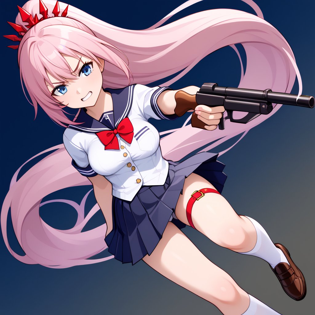 masterpiece, best quality, high resolution, shionne1, ponytail, 1 girl, solo, very long hair, thigh-high strap, and she is wearing a school uniform which consists of a light gray blazer with white trim and gold buttons, a white pleated shirt, a large red bow tie, and a black pleated skirt. She is also wearing white thigh-high socks and brown shoes. medium breasts, bangs, standing, cowboy picture, holding gun, rifle, jumping, attacking position.