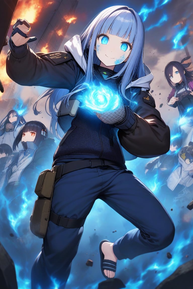 score_9,score_8_up, score_7_up, score_6_up, score_5_up,score_4_up,source_anime,Hinata Hyuga,smile,closed mouth,long hair,blunt bangs,dark blue hair,light eyes,forehead protector,konohagakure symbol,purple and white hooded jacket,fishnets,blue pants,holster,bandage on thigh,open sandals,dark blue sky,Big clouds,debris,debris in the air,glowing,glowing eyes,aura,blue energy,aura,juho shoshiken jutsu,blue energy in hands,blue fire,blue fire in hands ,flaming eyes:0.8,RageModeV4XL,flaming eyes,eye trail