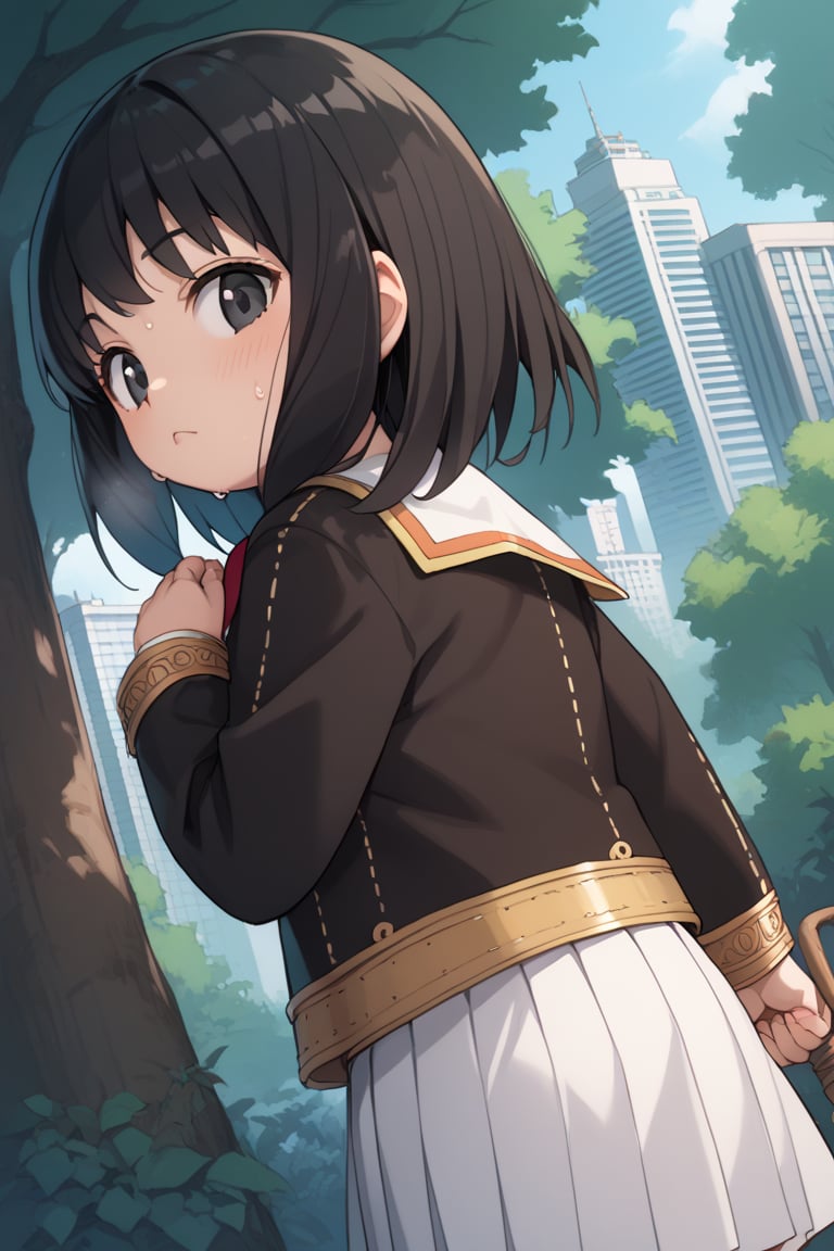 score_9, score_8_up, score_7_up, source_anime, 1 child, Pan, black hair, medium hair, black eyes, black shirt, long sleeves, sailor collar, school uniform, serafuku, white skirt, tomoeda school uniform, white buruma, sweating, in a forest, , outdoors, cityscape, looking at viewer, streets, from behind, cowboy shot, dutch angle, 