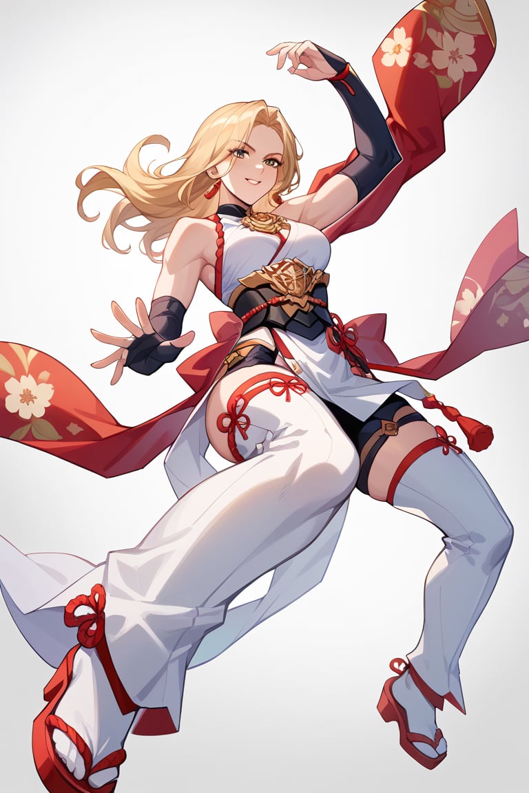 score_9, score_8_up, score_7_up, score_6_up, source_anime, perfect anatomy //characters,A character based on Kisara from Tales of Arise wearing a traditional Japanese-inspired outfit. She has long, flowing blonde hair with a confident expression, similar to her original style. The outfit is a fusion of floral kimono patterns and samurai armor, featuring a sleeveless top with intricate red detailing and gold accents. The character wears thigh-high boots with red sandals, and her look combines elegance and readiness for battle. exuding strength and determination. The color scheme balances reds, golds, and floral designs, with a modern yet traditional aesthetic. perfect hands, beautiful hands, cowboy photo, from below, dynamic pose, dynamic angle,