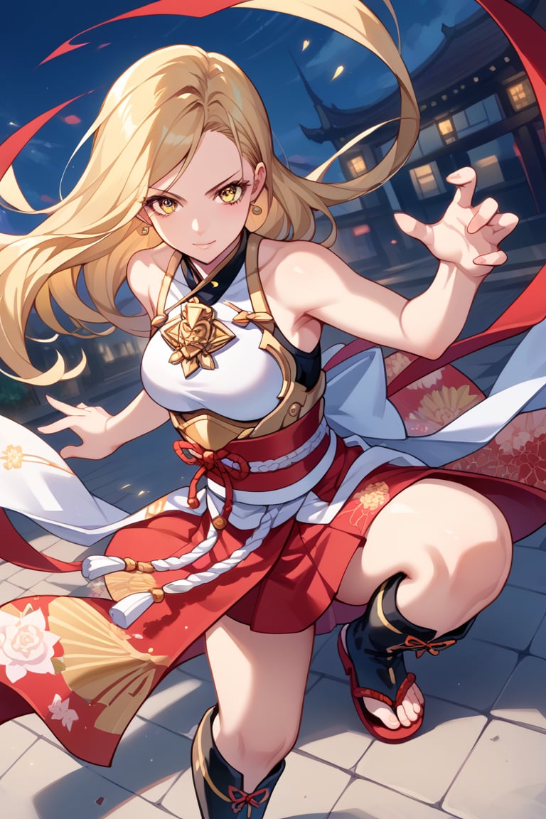 core_9, score_8_up, score_7_up, score_6_up, source_anime, perfect anatomy //characters, kisara, blonde hair, long hair, yellow eyes, 1 girl, solo, The outfit is a fusion of floral kimono patterns and samurai armor, featuring a sleeveless top with intricate red detailing and gold accents. The character wears knee-high boots with red sandals, //situations, street, //pose, syouryuken, uppercut, punch the sky, jump, from above, /LoRA, beautiful_female_fingers, perfect anatomy, correct number of fingers, 5_fingers, perfect hands, pretty hands, dutch angle, dynamic angle