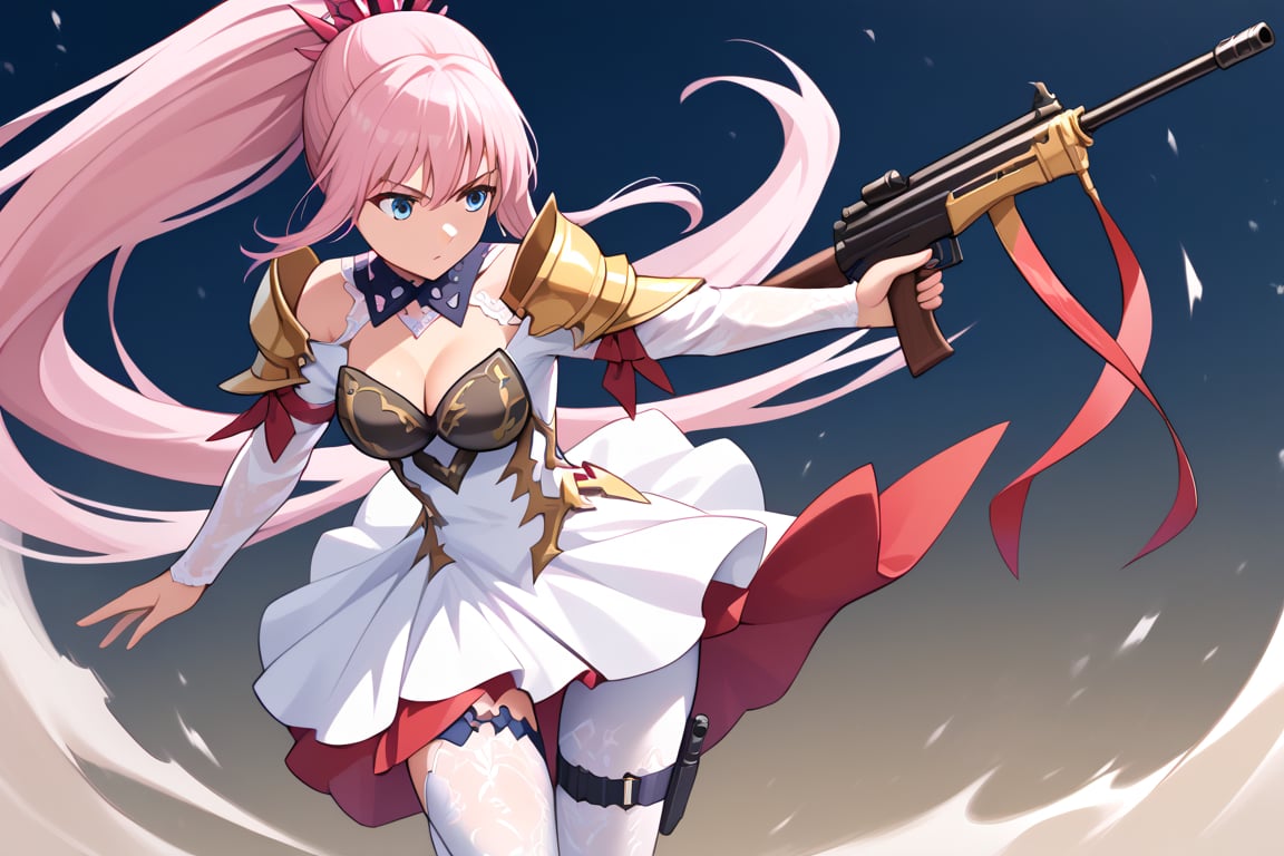 masterpiece, best quality, high resolution, shionne1, ponytail, 1 girl, solo, shoulder armor, dress, very long hair, thigh strap, white dress, cleavage, shoulder pads, white tights, medium breasts, bangs, loose sleeves, standing, cowboy shooting, holding gun, rifle, jumping, attacking stance.