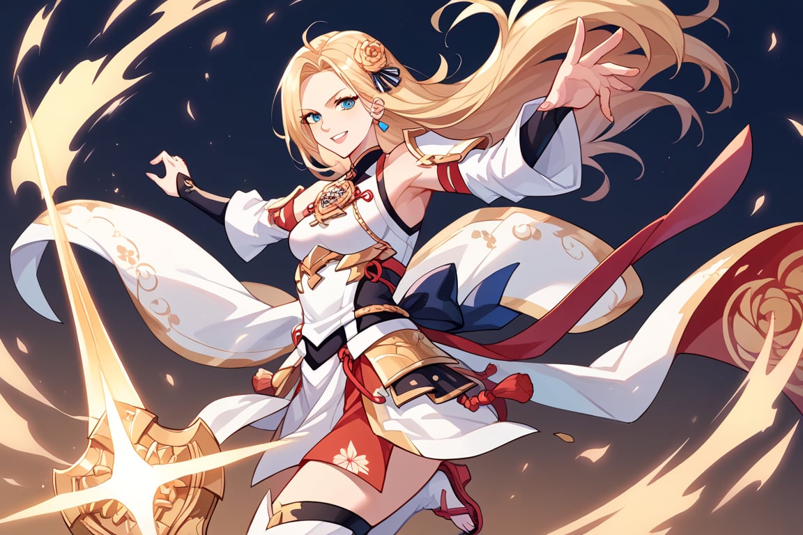 core_9, score_8_up, score_7_up, score_6_up, source_anime, perfect anatomy //characters,A character based on Kisara from Tales of Arise wearing a traditional Japanese-inspired outfit. She has long, flowing blonde hair with a confident expression, similar to her original style. The outfit is a fusion of floral kimono patterns and samurai armor, featuring a sleeveless top with intricate red accents and gold details. The character wears thigh-high boots with red sandals, and her look combines elegance and battle readiness. She holds a large, ornate shield and a mace, exuding strength and determination. The color scheme balances reds, golds, and floral designs, with a modern yet traditional aesthetic. perfect hands, pretty hands, cowboy shot, from bottom, dynamic pose, dynamic angle,