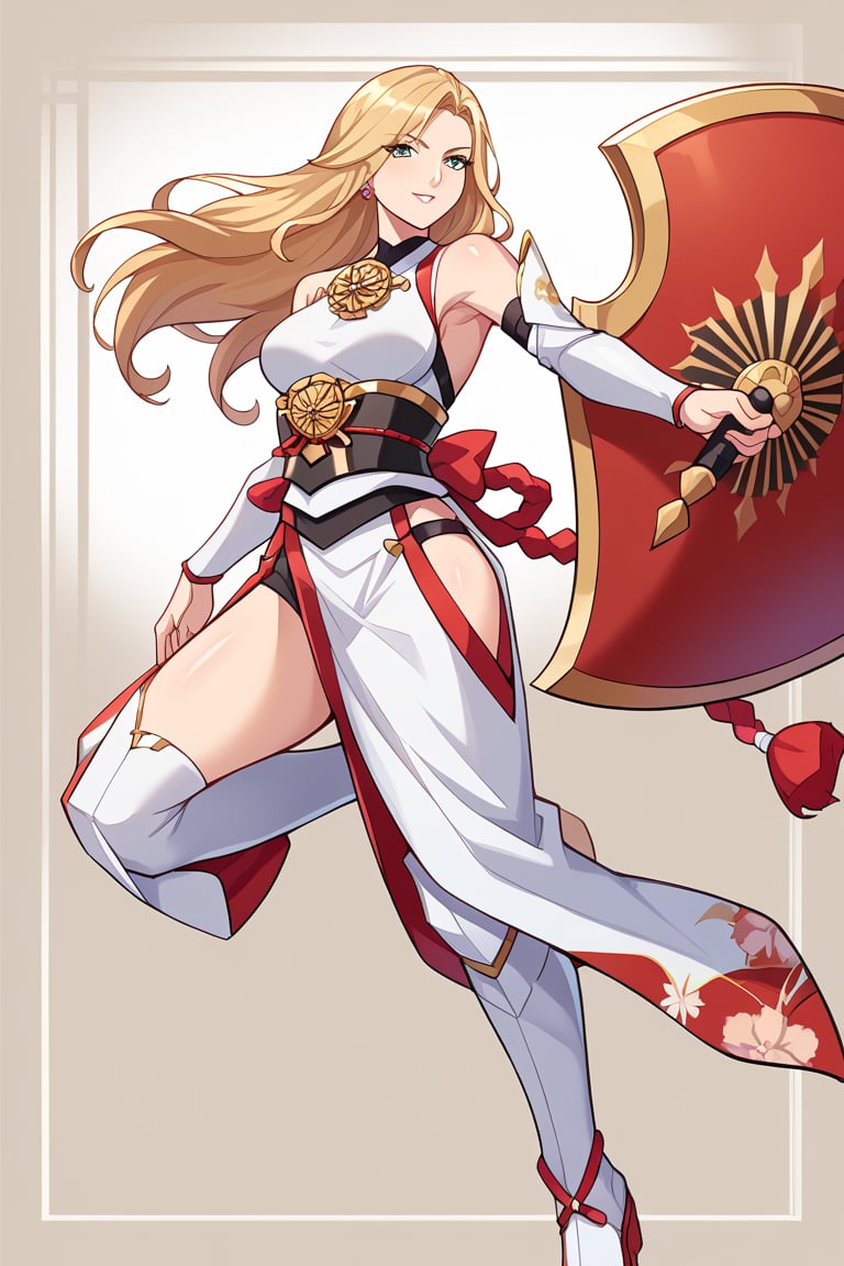 A character based on Kisara from Tales of Arise wearing a traditional Japanese-inspired outfit. She has long, flowing blonde hair with a confident expression, similar to her original style. The outfit is a fusion of floral kimono patterns and samurai armor, featuring a sleeveless top with intricate red accents and gold details. The character wears thigh-high boots with red sandals, and her look combines elegance and battle readiness. She holds a large, ornate shield and a mace, exuding strength and determination. The color scheme balances reds, golds, and floral designs, with a modern yet traditional aesthetic.