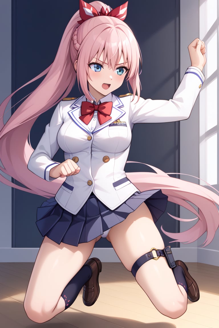 masterpiece, best quality, high resolution, shionne1, ponytail, 1 girl, solo, very long hair, thigh-high strap, and she is wearing a school uniform which consists of a light gray blazer with white trim and gold buttons, a white pleated shirt, a large red bow tie, and a black pleated skirt. She is also wearing white thigh-high socks and brown shoes. medium breasts, bangs, standing, cowboy picture, jumping, attacking position.