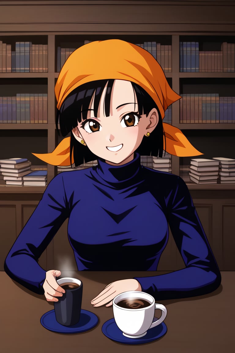 ((masterpiece,best quality)), absurdres, BREAK, , , zzPan, black hair, short hair, bandana, , BREAK, turtleneck sweater, earrings, library, cup of coffee, sitting at table, BREAK, solo, smile, looking at viewer, cowboy shot,