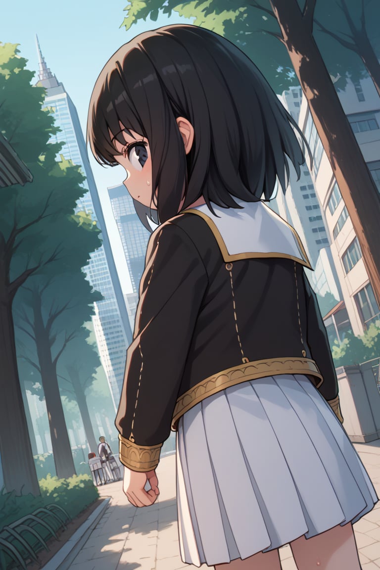 score_9, score_8_up, score_7_up, source_anime, 1 child, Pan, black hair, medium hair, black eyes, black shirt, long sleeves, sailor collar, school uniform, serafuku, white skirt, tomoeda school uniform, white buruma, sweating, in a forest, , outdoors, cityscape, looking at viewer, streets, from behind, cowboy shot, dutch angle, dynamic angle