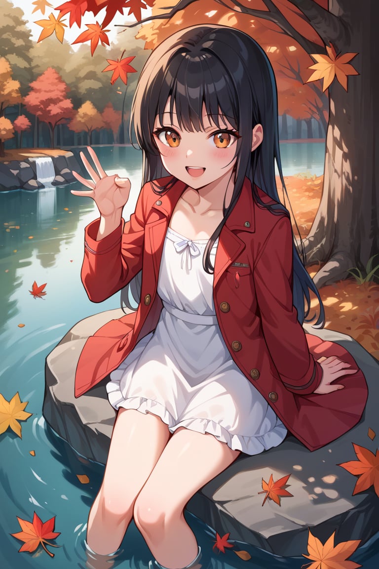 score_9, score_8_up, score_7_up, score_6_up, score_5_up, score_4_up, source_anime, ,//characters, 1girl, solo, ayaseena, ((tiny body)), flat chest, black hair, long hair dress, red jacket, //situations, Autumn, forest, autumn leaves, river, ,//pose, 1girl, big smile, open mouth, blushing, forests, sitting on rock, from above ,,/LoRA, perfect anatomy, beautiful_female_fingers, (correct number of fingers), Anatomically correct hands, (5_fingers), (perfect hands), perfecteyes