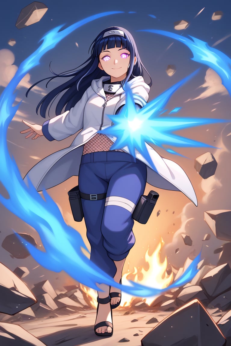 score_9,score_8_up, score_7_up, score_6_up, score_5_up,score_4_up,source_anime,Hinata Hyuga,smile,closed mouth,long hair,blunt bangs,dark blue hair,light eyes,forehead protector,konohagakure symbol,purple and white hooded jacket,fishnets,blue pants,holster,bandage on thigh,open sandals,dark blue sky,Big clouds,debris,debris in the air,glowing,glowing eyes,aura,blue energy,aura,juho shoshiken jutsu,blue energy in hands,blue fire,blue fire in hands ,flaming eyes:0.8,RageModeV4XL,flaming eyes,eye trail