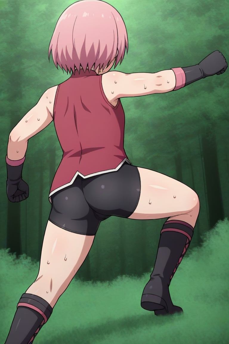 SakuraH , fighting stance , She wears bike shorts under miniskirt , pink miniskirt with slit , red shirt , sleeveless , pink elbow supporter , black gloves , pink hair , short hair , ( sheer ) , black boots , sweating , in a forest , ,