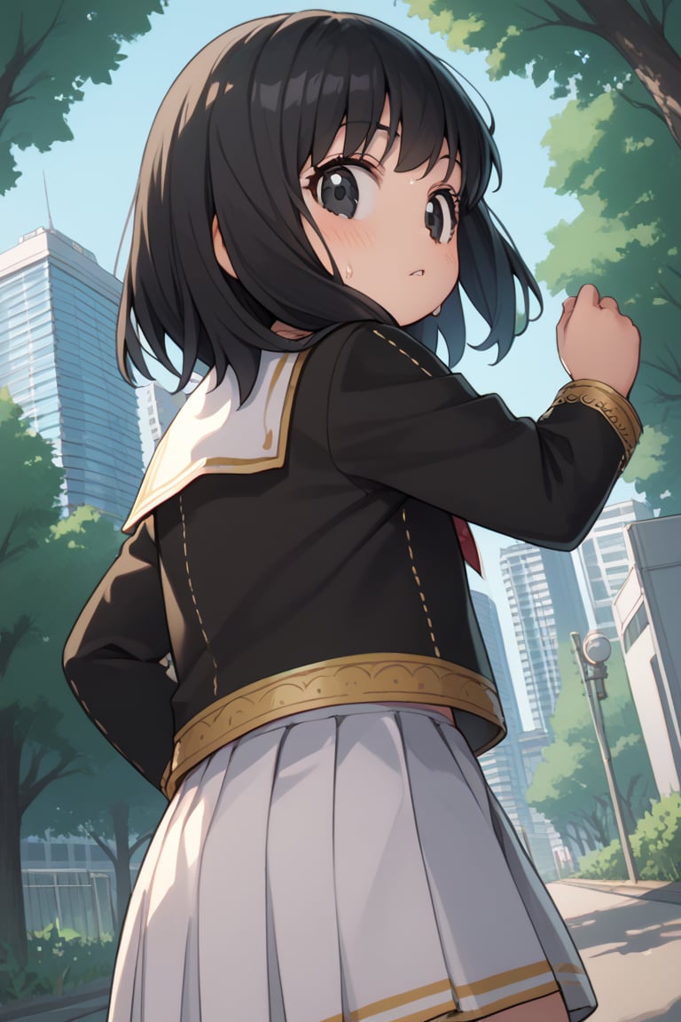 score_9, score_8_up, score_7_up, source_anime, 1 child, Pan, black hair, medium hair, black eyes, black shirt, long sleeves, sailor collar, school uniform, serafuku, white skirt, tomoeda school uniform, white buruma, sweating, in a forest, , outdoors, cityscape, looking at viewer, streets, from behind, cowboy shot, dutch angle, dynamic angle