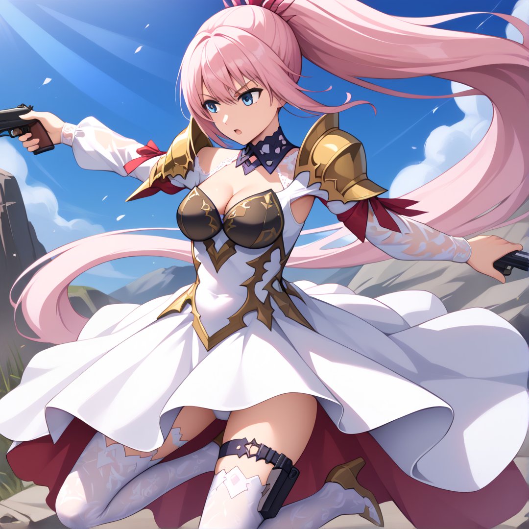 masterpiece, best quality, high resolution, shionne1, ponytail, 1 girl, solo, shoulder armor, dress, very long hair, thigh strap, white dress, cleavage, shoulder pads, white tights, medium breasts, bangs, loose sleeves, standing, cowboy shooting, holding gun, rifle, jumping, attacking stance.