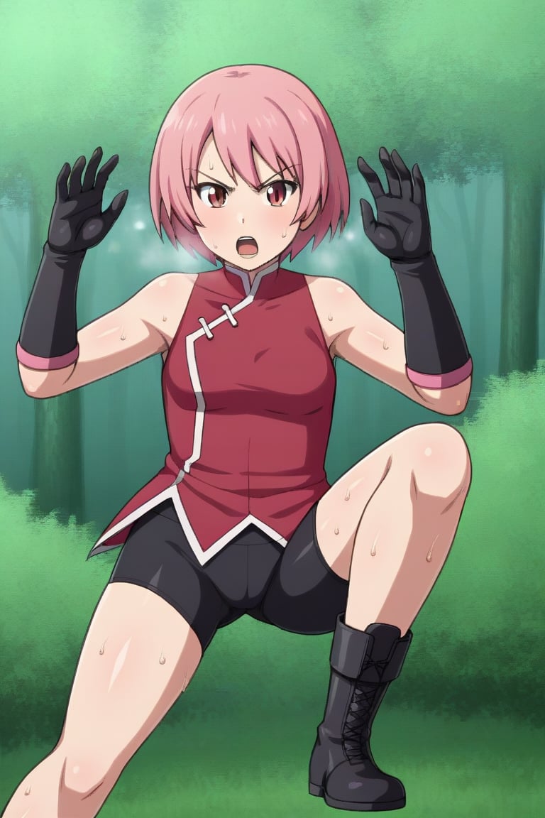 SakuraH , fighting stance , She wears bike shorts under miniskirt , pink miniskirt with slit , red shirt , sleeveless , pink elbow supporter , black gloves , pink hair , short hair , ( sheer ) , black boots , sweating , in a forest , ,