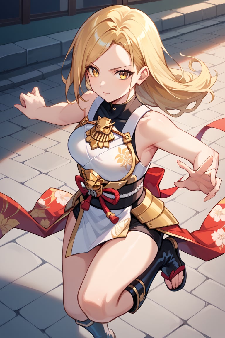 core_9, score_8_up, score_7_up, score_6_up, source_anime, perfect anatomy //characters, kisara, blonde hair, long hair, yellow eyes, 1 girl, solo, The outfit is a fusion of floral kimono patterns and samurai armor, featuring a sleeveless top with intricate red detailing and gold accents. The character wears knee-high boots with red sandals, //situations, street, //pose, syouryuken, uppercut, punch the sky, jump, from above, /LoRA, beautiful_female_fingers, perfect anatomy, correct number of fingers, 5_fingers, perfect hands, pretty hands, dutch angle, dynamic angle