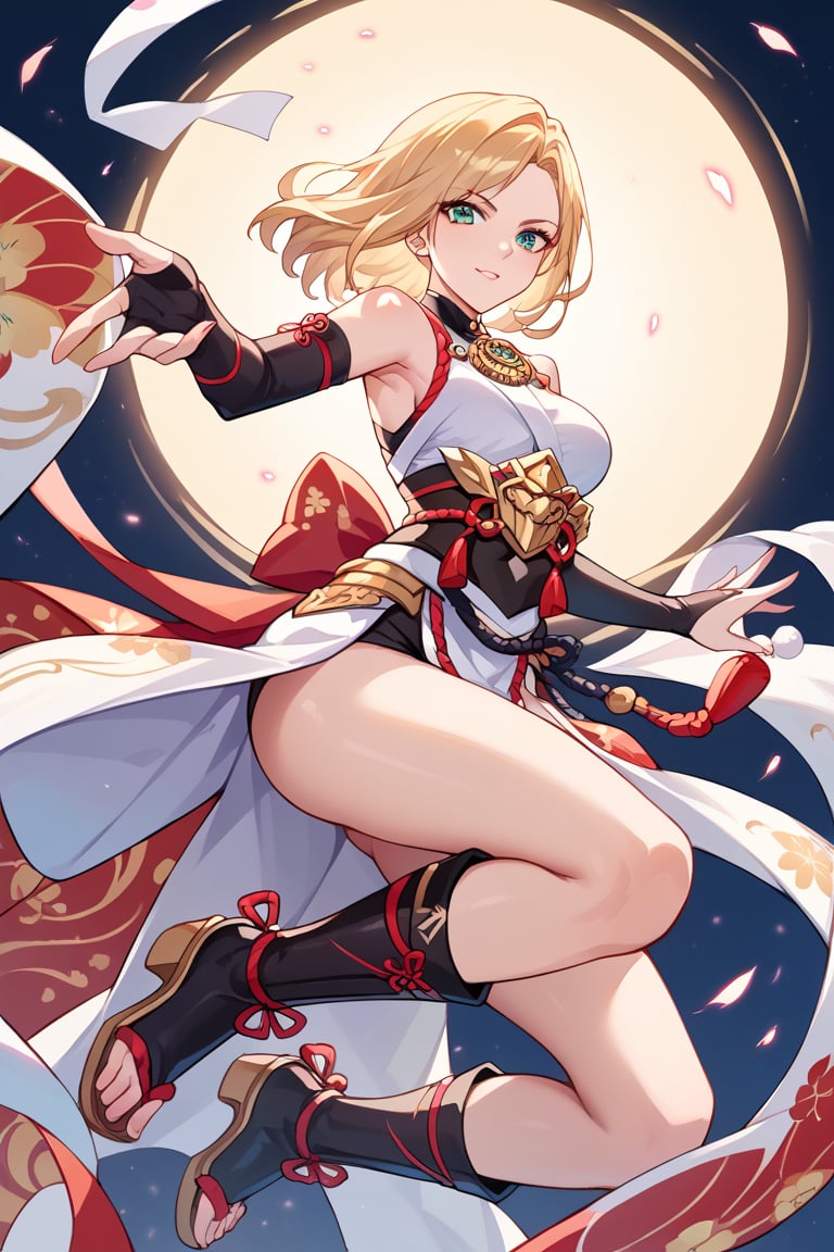 score_9, score_8_up, score_7_up, score_6_up, source_anime, perfect anatomy //characters,A character based on Kisara from Tales of Arise wearing a traditional Japanese-inspired outfit. She has long, flowing blonde hair with a confident expression, similar to her original style. The outfit is a fusion of floral kimono patterns and samurai armor, featuring a sleeveless top with intricate red detailing and gold accents. The character wears knee-high boots with red sandals, and her look combines elegance and battle-readiness. exuding strength and determination. perfect hands, beautiful hands, cowboy shot, from below, dynamic pose, dynamic angle,