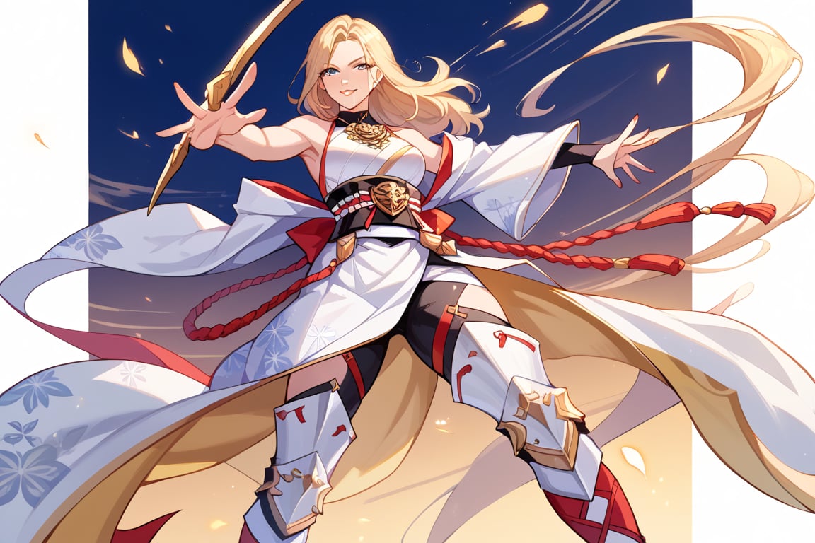 score_9, score_8_up, score_7_up, score_6_up, source_anime, perfect anatomy //characters,A character based on Kisara from Tales of Arise wearing a traditional Japanese-inspired outfit. She has long, flowing blonde hair with a confident expression, similar to her original style. The outfit is a fusion of floral kimono patterns and samurai armor, featuring a sleeveless top with intricate red detailing and gold accents. The character wears thigh-high boots with red sandals, and her look combines elegance and readiness for battle. exuding strength and determination. The color scheme balances reds, golds, and floral designs, with a modern yet traditional aesthetic. perfect hands, beautiful hands, cowboy photo, from below, dynamic pose, dynamic angle,