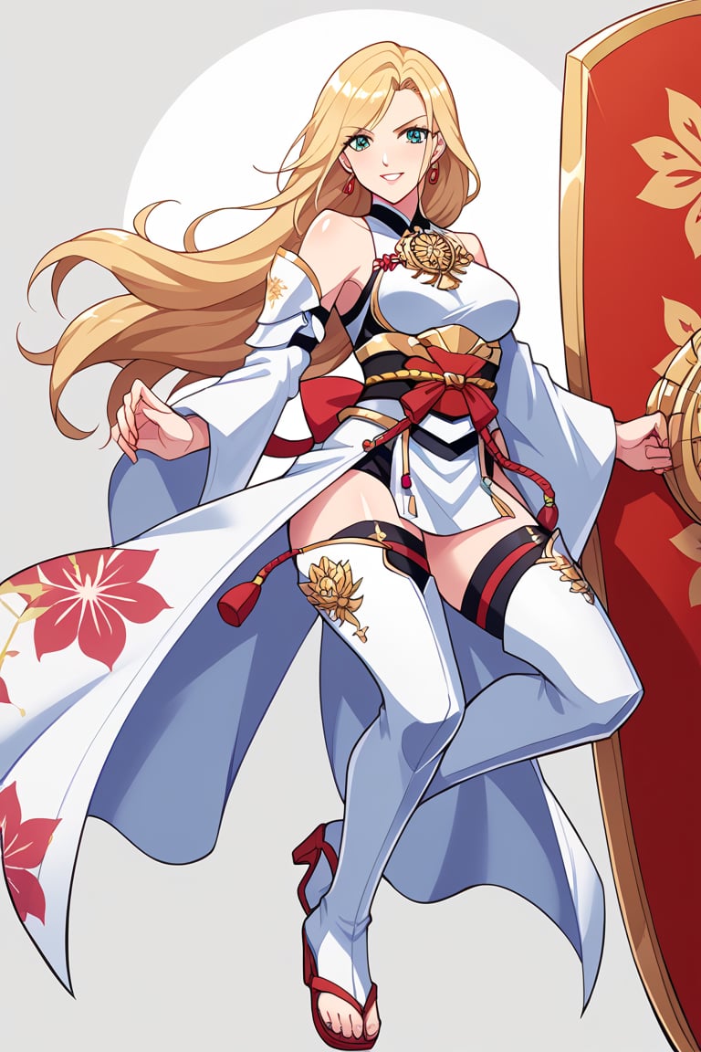 A character based on Kisara from Tales of Arise wearing a traditional Japanese-inspired outfit. She has long, flowing blonde hair with a confident expression, similar to her original style. The outfit is a fusion of floral kimono patterns and samurai armor, featuring a sleeveless top with intricate red accents and gold details. The character wears thigh-high boots with red sandals, and her look combines elegance and battle readiness. She holds a large, ornate shield and a mace, exuding strength and determination. The color scheme balances reds, golds, and floral designs, with a modern yet traditional aesthetic.