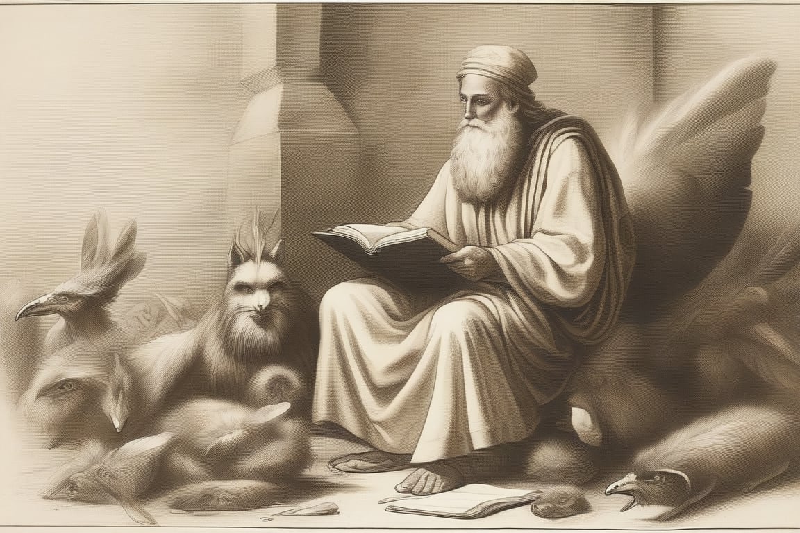 An image of the prophet Enoch writing a book from animal feathers and skins
