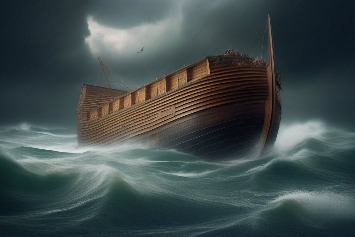 Noah's Ark in the middle of the sea storm
