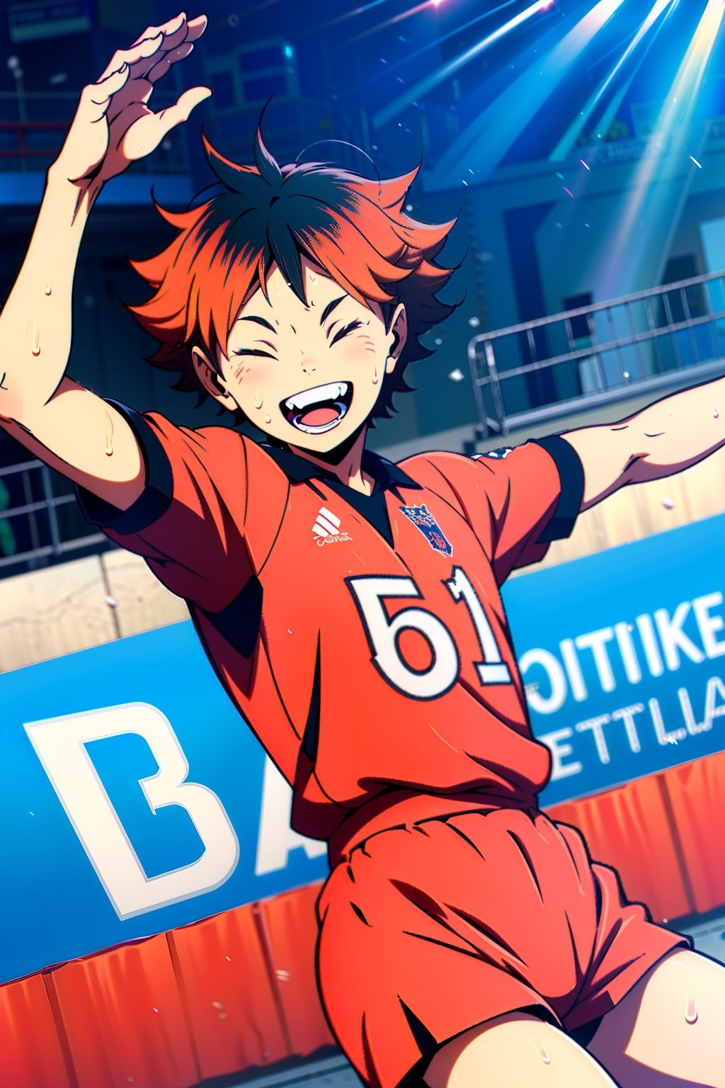 high quality, art, clean stroke, masterpiece, highly detailed, ( American shot ), 1 boy, solo, Hinata of Haikyuu, celebration of point won, ( eyes closed, sweaty, happy, jumping ), detailed background ( volleyball court )