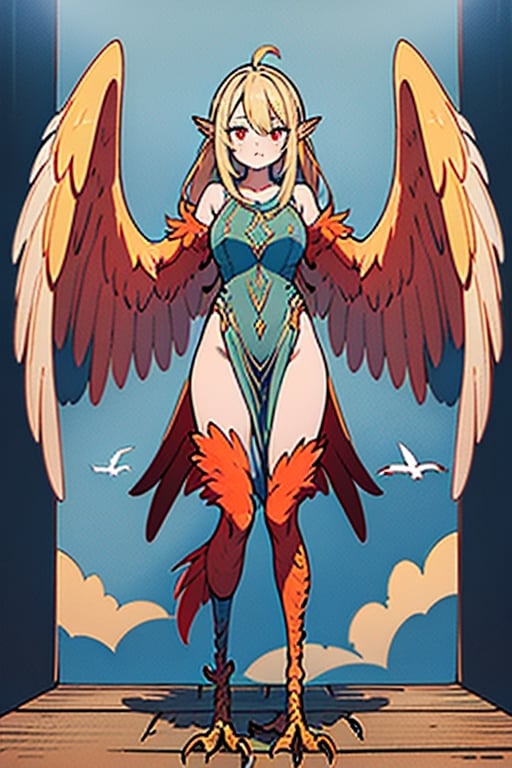 masterpiece, best quality, harpy, standing, Double slitted tapered tunic, long hair, no hands,light blonde hair, harpy wings, bird legs, bird hands, wings for arms, bird tail, harpy woman, bird woman, red eyes, orange feathers, spread wings.
