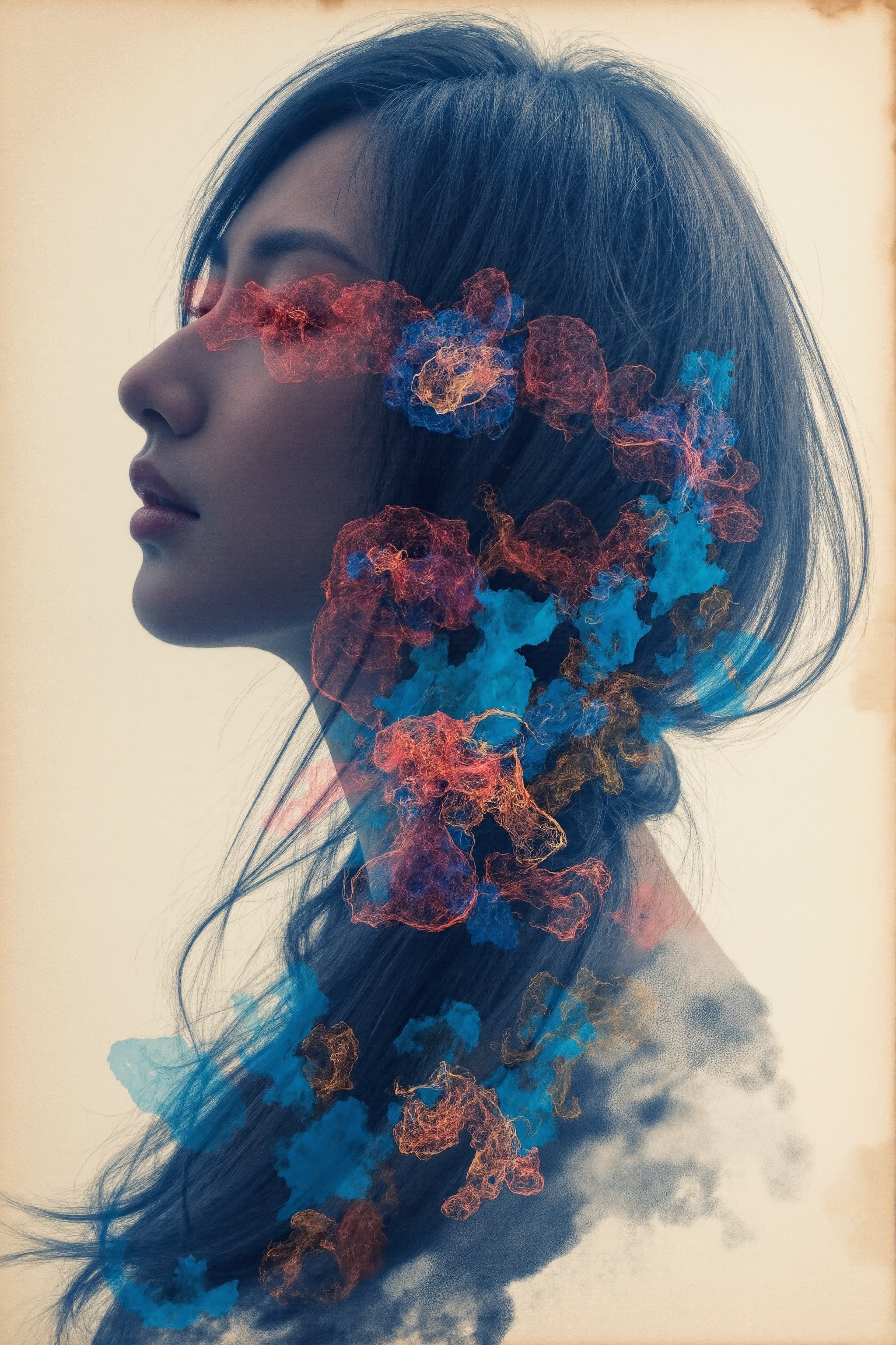 (best quality, 8K, highres, masterpiece), Moon Knight, (female), Marc Spector, Marvel Comics. Set against a backdrop of vintage cracked paper, this piece becomes a dynamic and unusual exploration of color and form. ultra-detailed, double exposure imagery that merges the ethereal, surreal styles of Natalia Drepina and Brooke Shaden with a vibrant, colorful twist. 