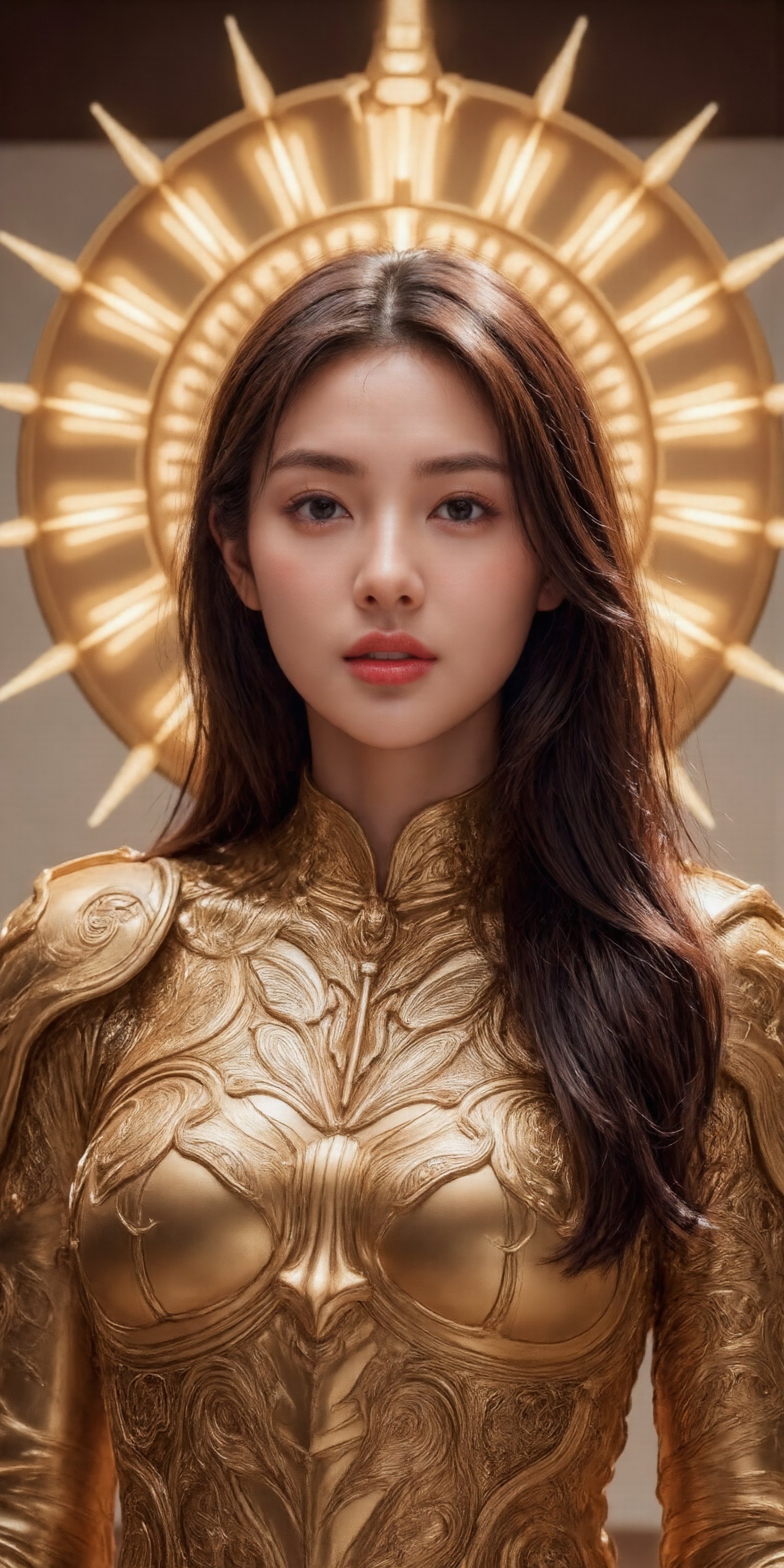 (Mcot1:4)realistic photo,The golden sculpture of the goddess shines brightly, looking up, glowing, golden skin,Brown hair, showing beautiful body figure, Cinematic style,Ethereal Beauty, Dynamic chiaroscuro, High resolution, Awe-inspiring painting of Awe-striking, beautiful body figure, creating an atmosphere mystery around, perfect anatomy, captivating scene, centered, approaching perfection, dynamic, highly detailed, artstation, concept art, smooth, sharp focus, illustration,, high definition, accent lighting, contrasted with bright paint colors,(Mcot1:4)behfind the goddess that are a brilliant golden light radiates, the goddess is in the middle of sky,golden. backlight,holy armor,fantasy armor