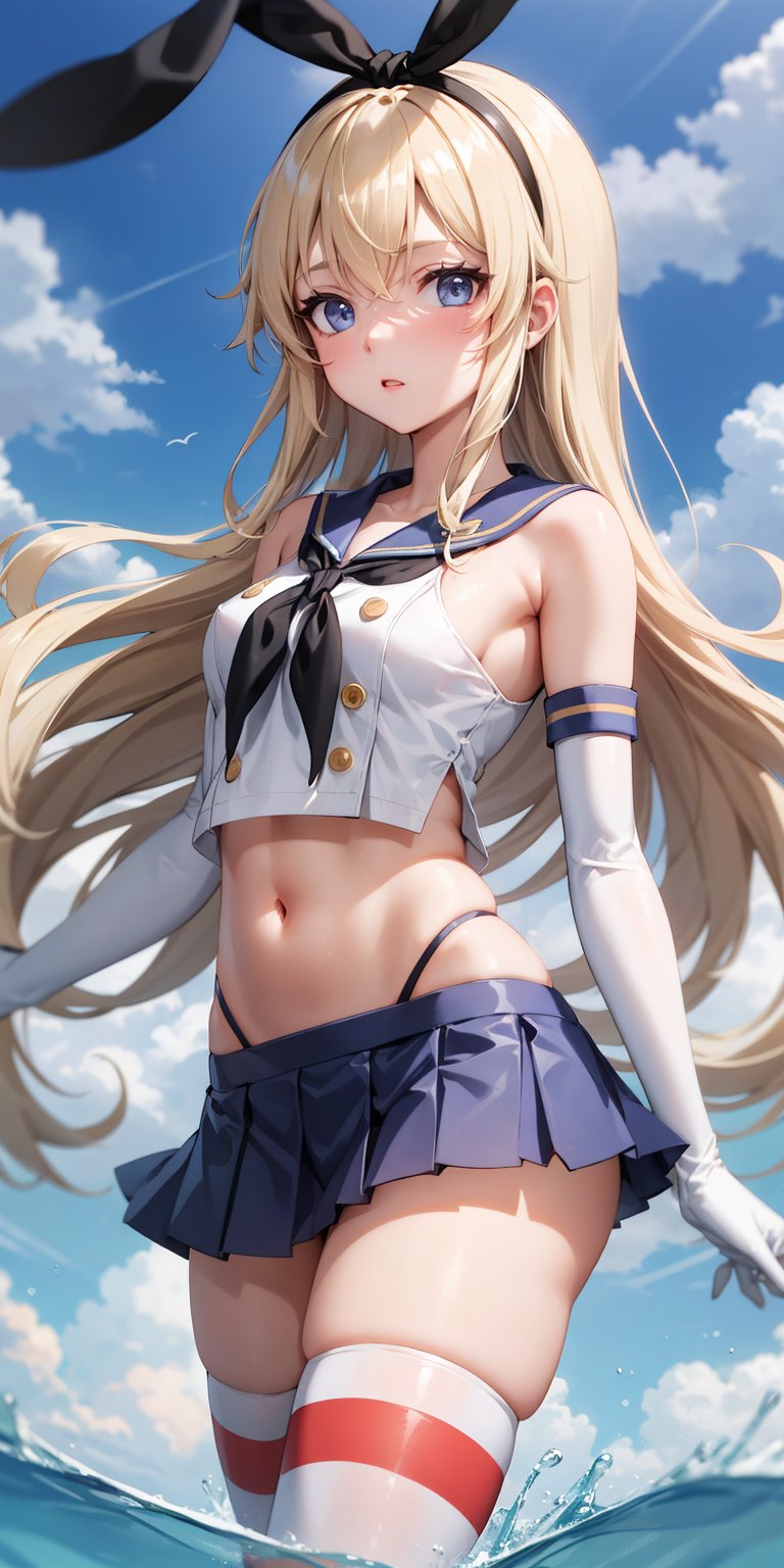 masterpiece, best quality, highres, skancolle, grey eyes, hairband, blonde hair, serafuku, neckerchief, crop top, gloves, elbow gloves, white gloves, navel, blue skirt, thighhighs, striped, striped thighhighs, ocean, clouds, :o, cowboy shot, blonde h