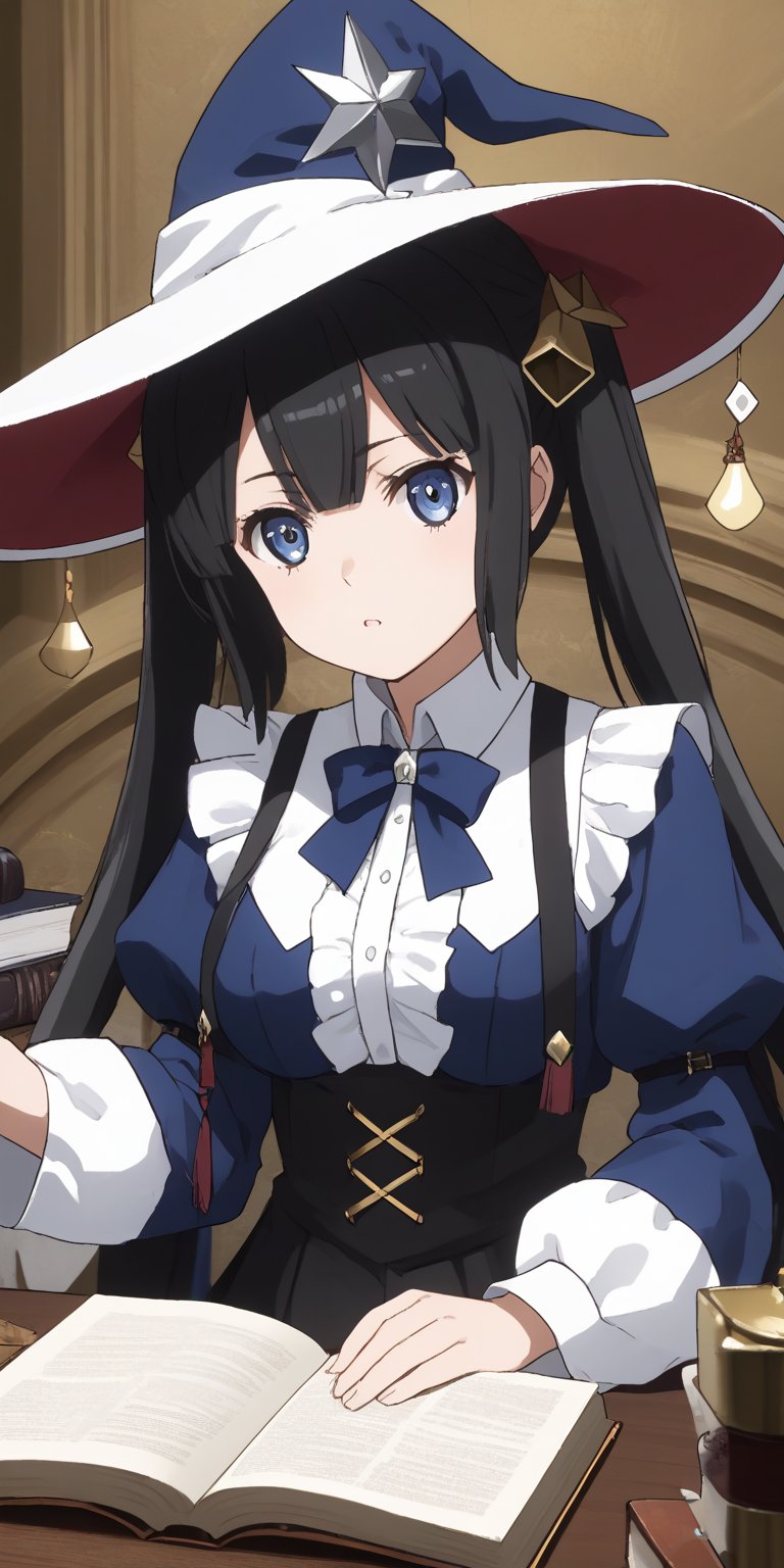 masterpiece, best quality, highres
,//Character, 
1girl,hestia, black hair, blue eyes,
twin tails/long hair, hair ornament
,//Fashion, 

,//Background, 
,//Others, ,Expressiveh, 
A girl in a witch's hat reading a large, ancient grimoire, magical symbols floating around her in a swirling pattern.