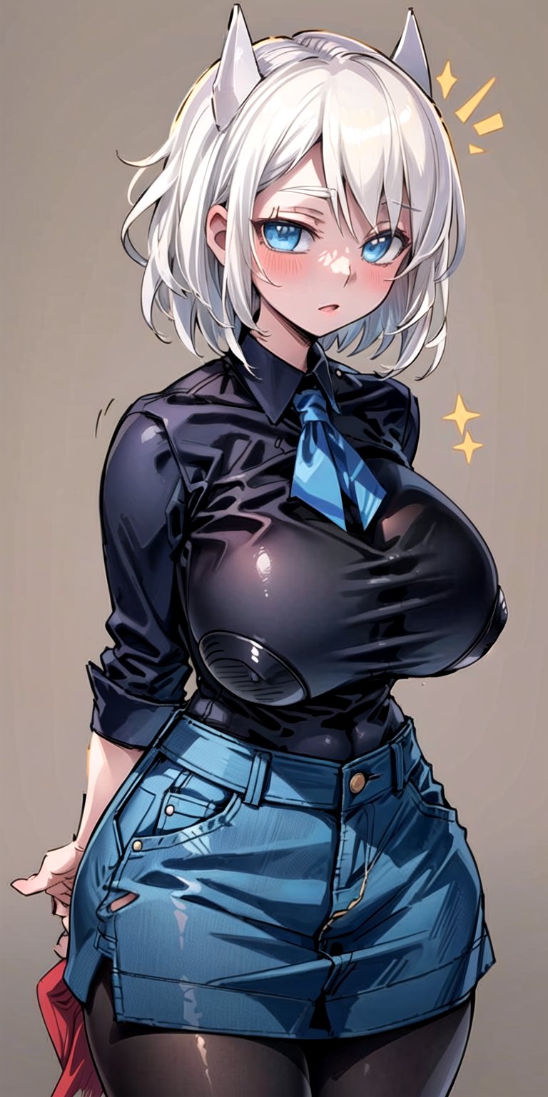 masterpiece, best quality, (solo:1.3),(gigantic_breast:1.1), (arms behind back :1.1),1girl, solo,blonde_hair, pantyhose, denim vest, open vest, black pantyhose, black shirt, denim skirt, striped long sleeves, blue skirt,short_hair