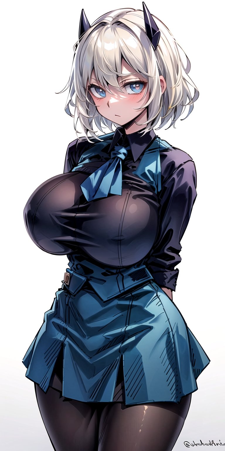 masterpiece, best quality, (solo:1.3),(gigantic_breast:1.1), (arms behind back :1.1),1girl, solo,blonde_hair, pantyhose, denim vest, open vest, black pantyhose, black shirt, denim skirt, striped long sleeves, blue skirt,short_hair