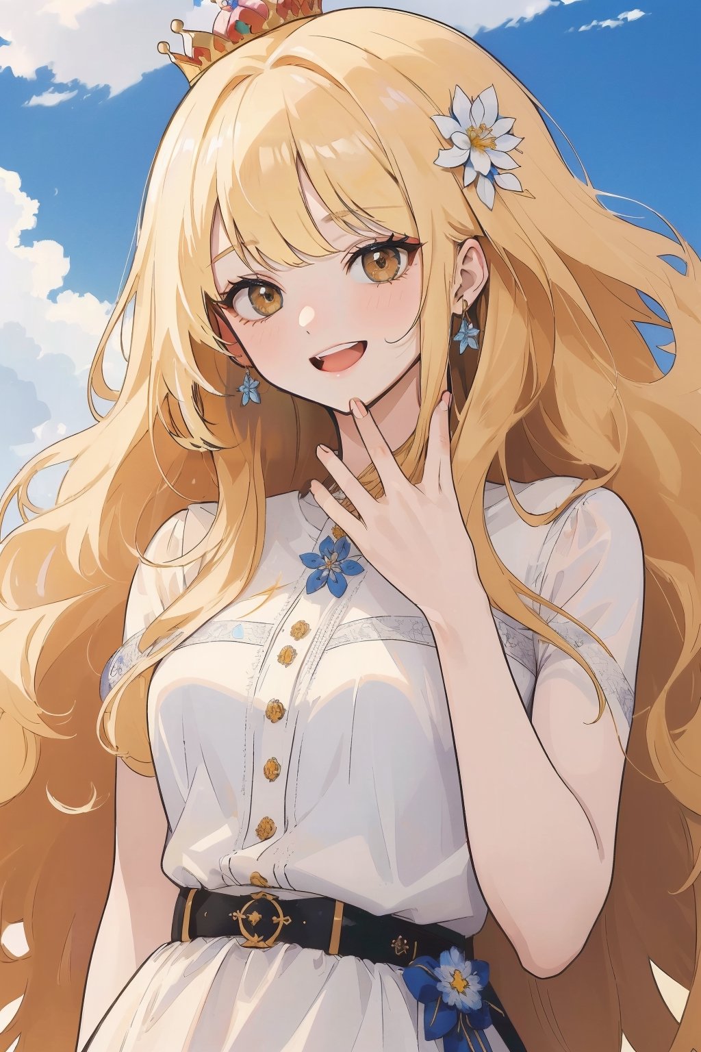 (masterpiece, best quality, highres:1.3), (red eyes, blonde hair, long hair, wavy hair, small breasts,1girl , bangs, long bangs,), smiling, :D, looking_at_viewer, white dres, blue sky, belt, flower on hair, white flower, clouds, crown flower, upperbody