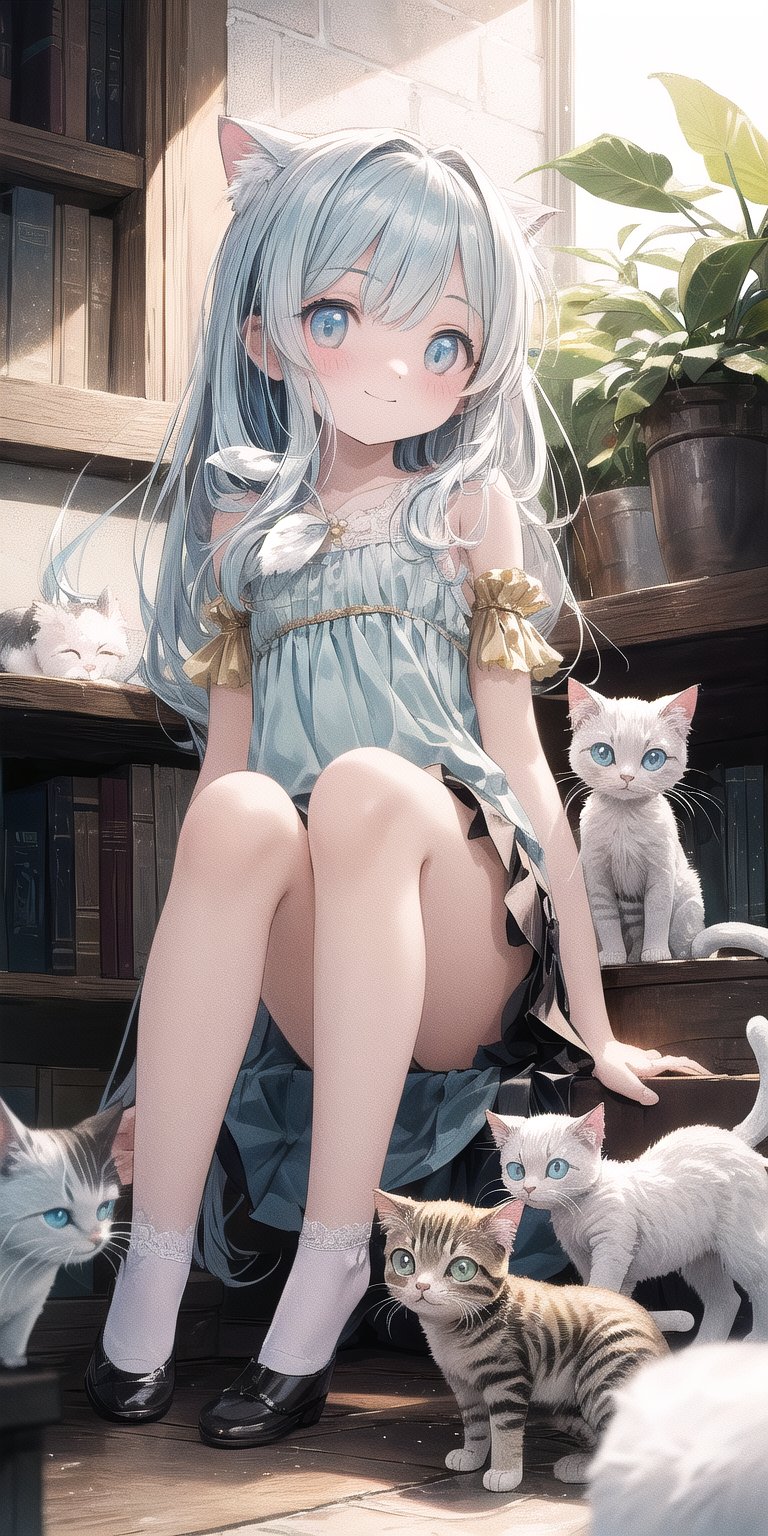 masterpiece, best quality, extremely detailed, (illustration, official art:1.1), 1 girl ,(((( light blue long hair)))), ,(((( light blue long hair)))),light blue hair, ,10 years old, long hair ((blush)) , cute face, big eyes, masterpiece, best quality,(((((a very delicate and beautiful girl))))),Amazing,beautiful detailed eyes,blunt bangs((((little delicate girl)))),tareme(true beautiful:1.2), sense of depth,dynamic angle,,,, affectionate smile, (true beautiful:1.2),,(tiny 1girl model:1.2),)(flat chest), (((masterpiece))), (SFW:1.5),best quality, high resolution, distinct image, (many (detailed) little cats) and one girl:1.3), mini skirt、 focus on cat, little (detailed) cats around girl,background is back alley, detasiled sunlight, sitting, girl looking viewer, side view, (cats looking viewer:1.2), sitting on the floor grasping knees, (happy:1.3) , (kitten)
,breakdomain,score_9,Score_9