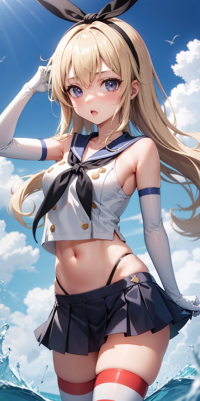 masterpiece, best quality, highres, skancolle, grey eyes, hairband, blonde hair, serafuku, neckerchief, crop top, gloves, elbow gloves, white gloves, navel, blue skirt, thighhighs, striped, striped thighhighs, ocean, clouds, :o, cowboy shot, blonde h