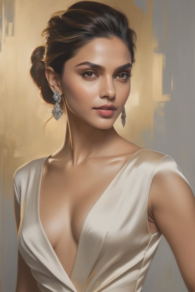 In this stunning 8K portrait, Deepika Padukone's captivating features are illuminated by soft rim ambient lighting, reminiscent of Jeremy Mann's artistic brushstrokes. Her sleek undercut hairstyle and photorealistic skin texture serve as a striking contrast against a subtle gradient background, where volumetric lighting adds depth and dimensionality. The model's symmetric eyes, perfectly framed within the golden ratio, draw attention to her alluring figure and prominent cleavage, exuding confidence and sophistication in this masterfully composed portrait.,Extremely Realistic