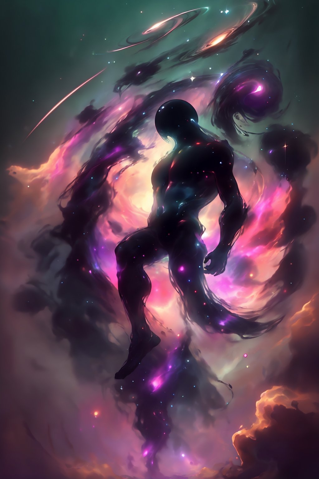 an amazing 3D anime-style illustration,  where a galactic nebula takes the form of a giant male figure. With a splendid pl...