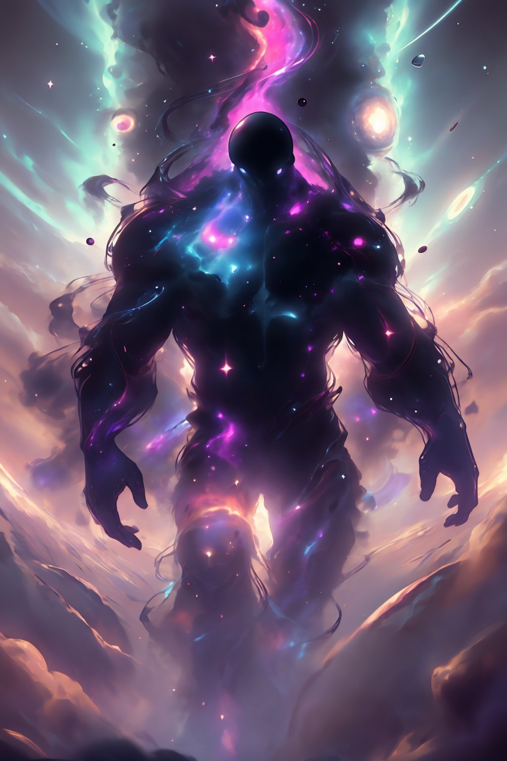an amazing 3D anime-style illustration,  where a galactic nebula takes the form of a giant male figure. With a splendid pl...