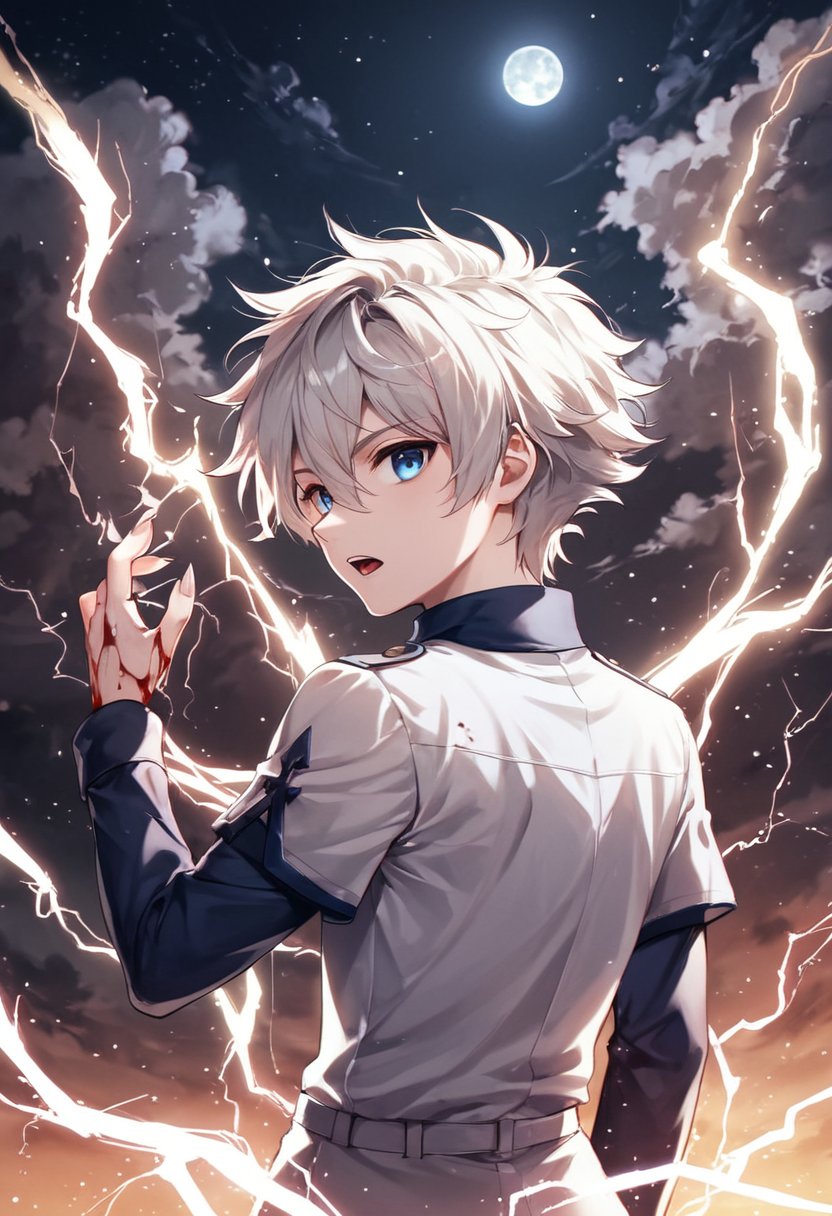 Score_9_up, Score_8_up, Score_7_up, Very detailed, high quality, masterpiece, beautiful, , killua_zoldyck, 1boy, solo, looking at viewer, short hair, open mouth, bangs, blue eyes, shirt, long sleeves, hair between eyes, upper body, white hair, male focus, looking back, electricity, magic, male child, score_8_up, rating_safe, shading, detailed background, good illumination, shiny leather, defined, a cliff, night, stars, full moon, full moon in the backgrounddetails (lora:xl_char_killua_zoldyck:1.0), (countershading:1.3)  (Electrokinesis:1.3),perfect hands, good handes, perfect fingers,evil expression, murderous expression, blood on the face, blood on the hands, long nails,gore atmosphere, yandere, terrifying atmosphere,empty eyes,ladyshadow,CarnageStyle,lighting_thunder, lightning,electricity, glowing, serious expression, death expression, death eyes,BloodOnScreen