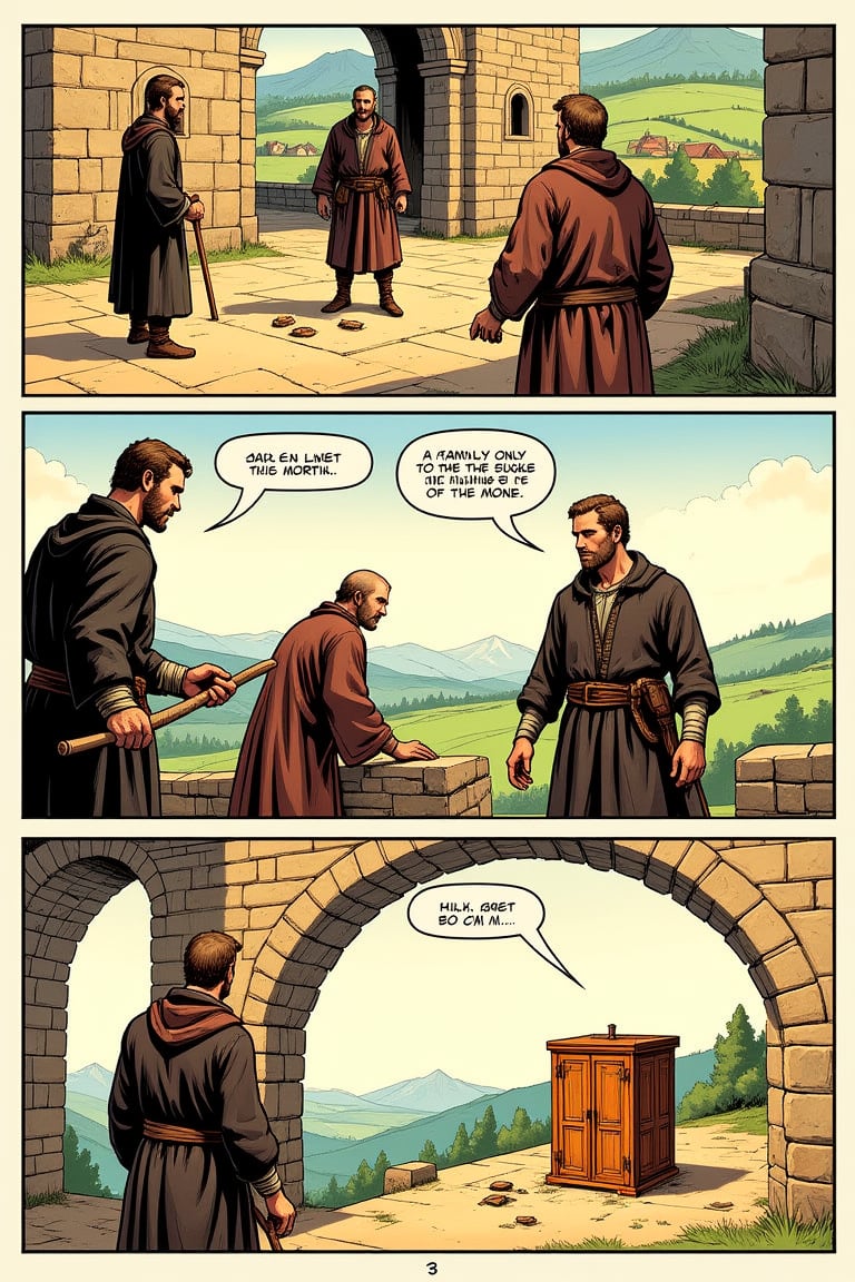 A European-style one-page comic strip with asymmetrical stripes and finely painted,  bright,  vibrant colors. The first st...