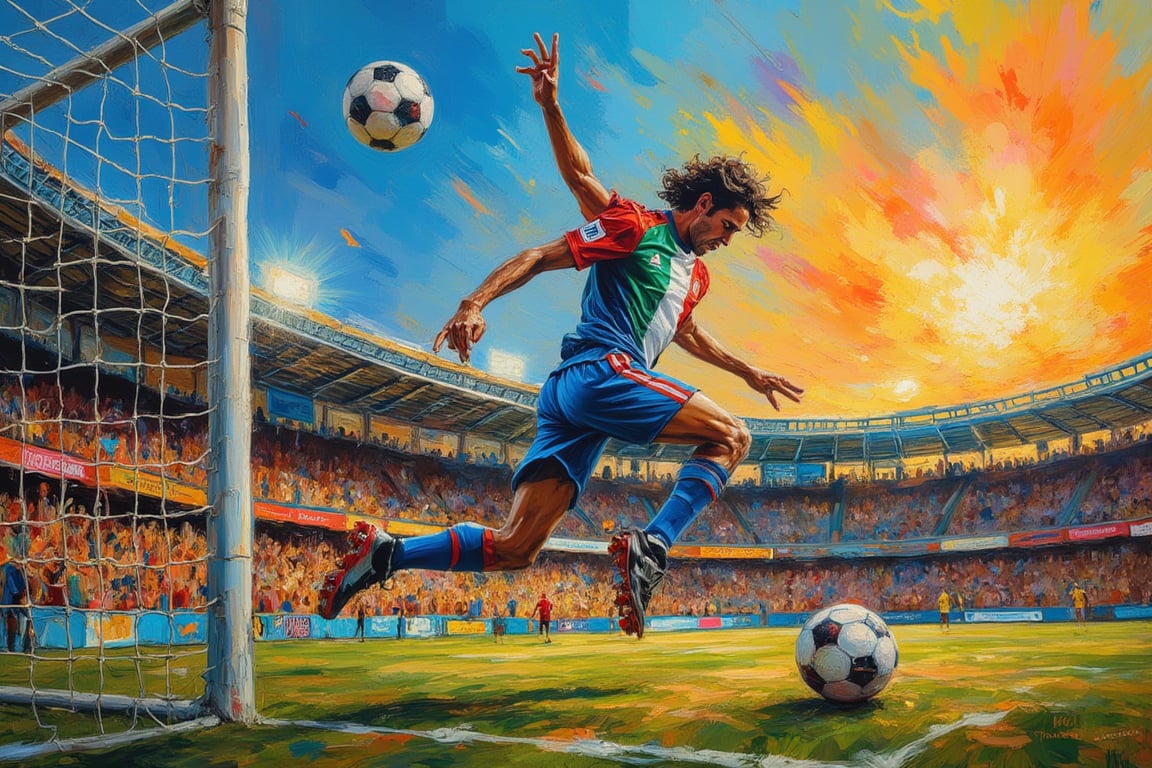 A stunning explosion of colors that envelops a breathtaking athletic moment – a football player in a majestic blue jersey,...