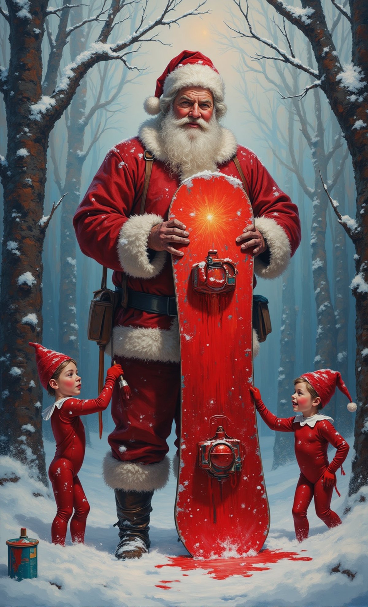 Santa Claus stands amidst the snow-covered trees,  a bright metallic red hue enveloping his newly painted snowboarding boa...