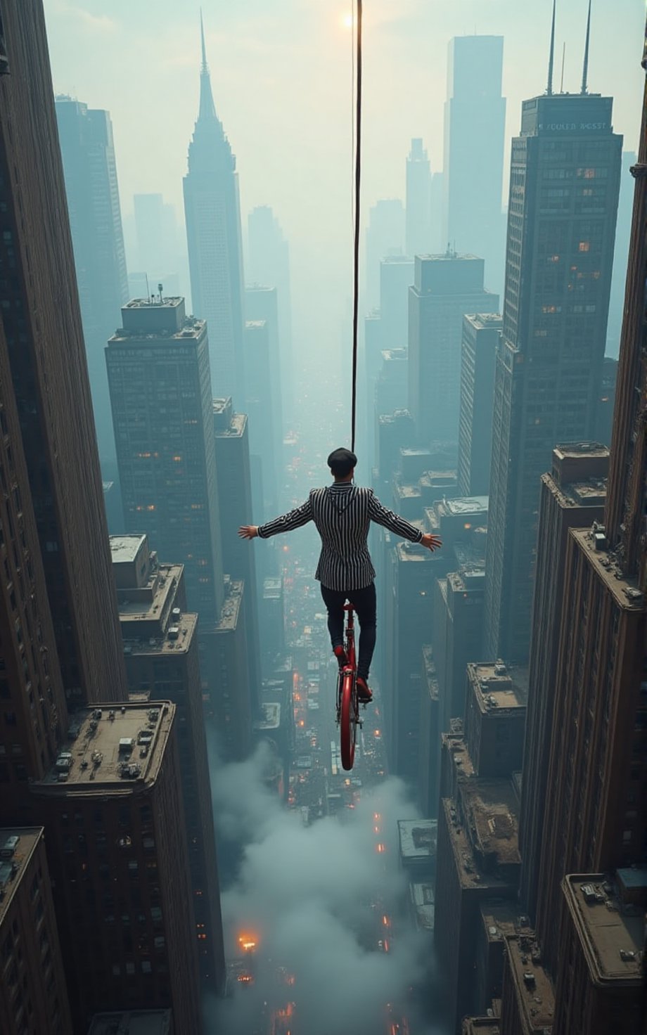 In a dense city formed by very high skyscrapers Sirrano the great French equilibrist with a suit with white and black stri...