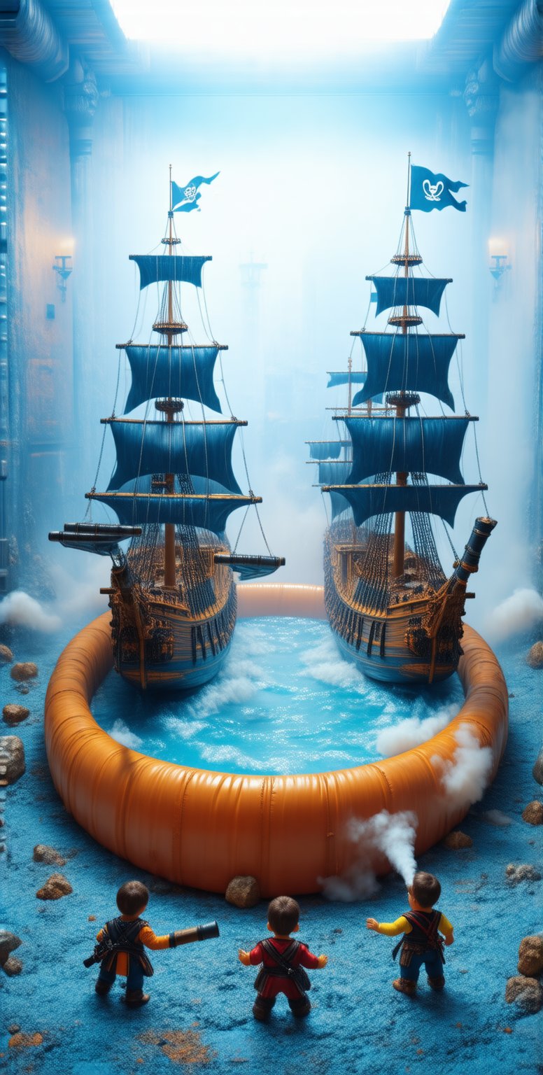 In a blue playroom on the diamond carpet inside an orange basin full of water, an epic naval battle is taking place between two galleons with black sails and pirate flags in the middle of a vortex inside a plastic basin next to two children disguised The smoky cannons of the galleons in the naval basin are looking ecstatic from pirates. The scene must represent the power of fantasy children can see a real naval battle even in simple toys 