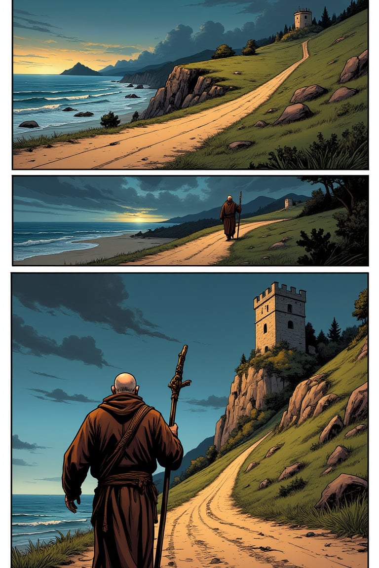 A European-style one-page comic strip with asymmetrical stripes and finely painted,  bright,  vibrant colors. The first st...