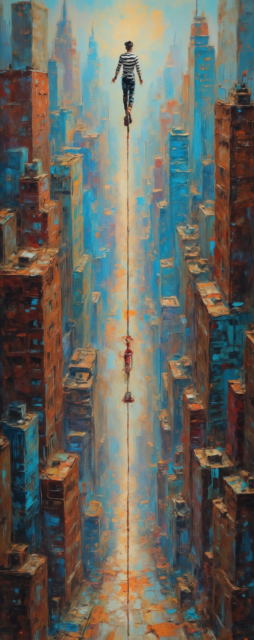 In a dense city formed by very high skyscrapers Sirrano the great French equilibrist with a suit with white and black stri...