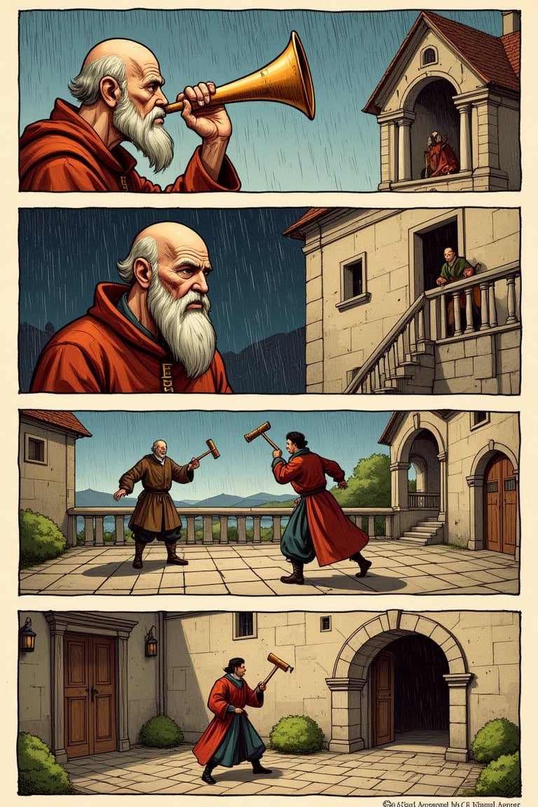 A European-style one-page comic strip with asymmetrical stripes and finely painted,  bright,  vibrant colors. The first st...